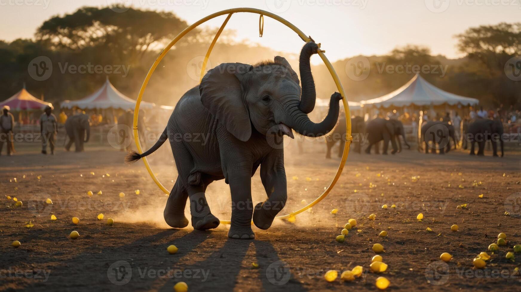 An elephant performs with a hoop, surrounded by a lively audience at sunset. photo