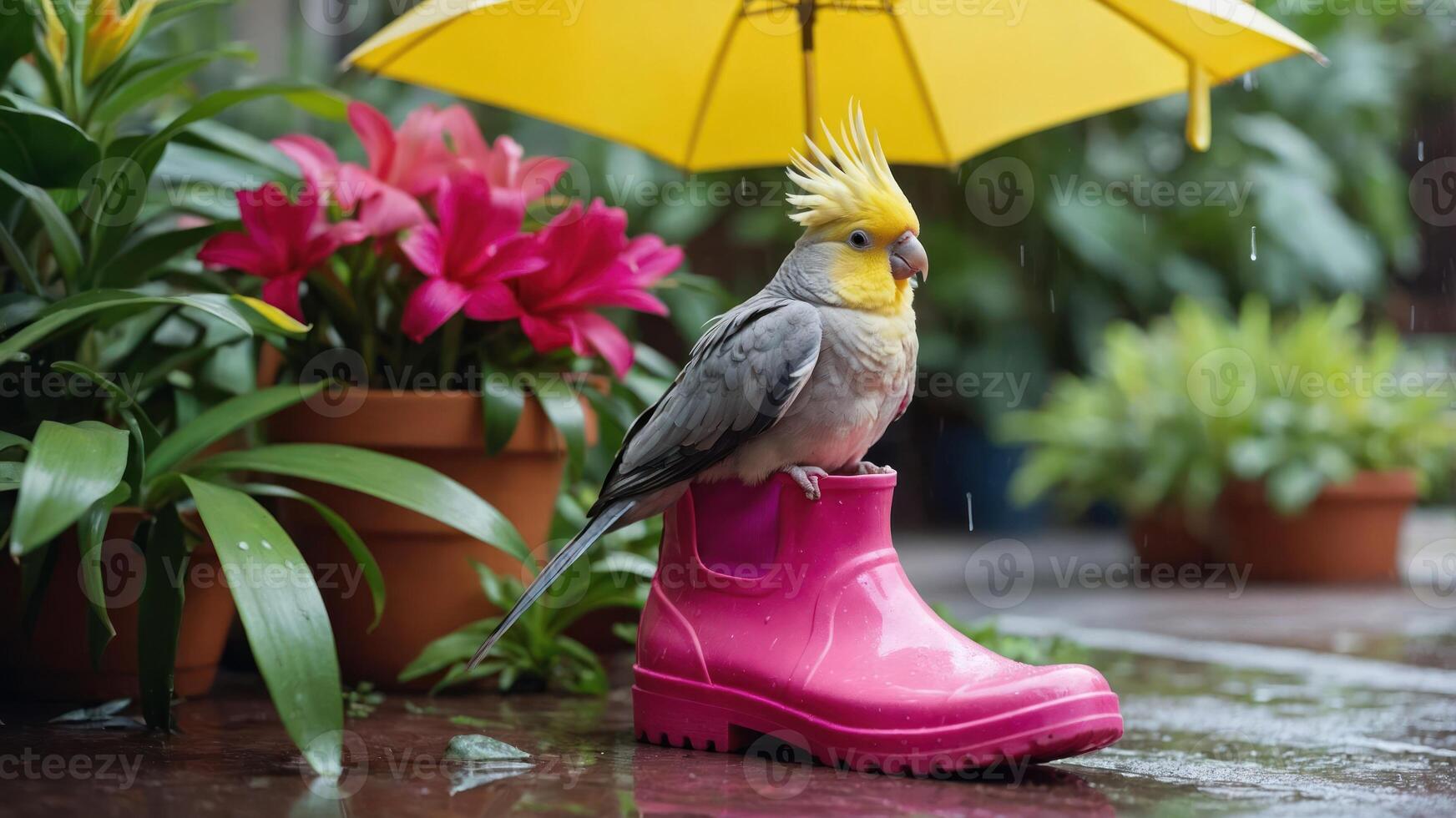 A cockatiel perched on a pink boot under an umbrella, surrounded by vibrant plants in the rain. photo