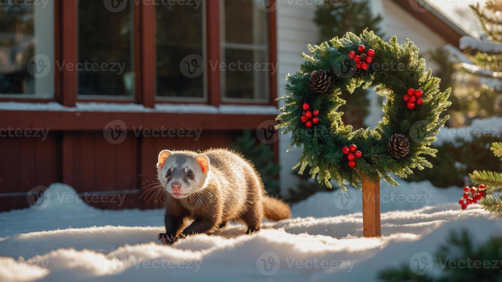 A ferret walks in the snow near a festive wreath, creating a cheerful winter scene. photo