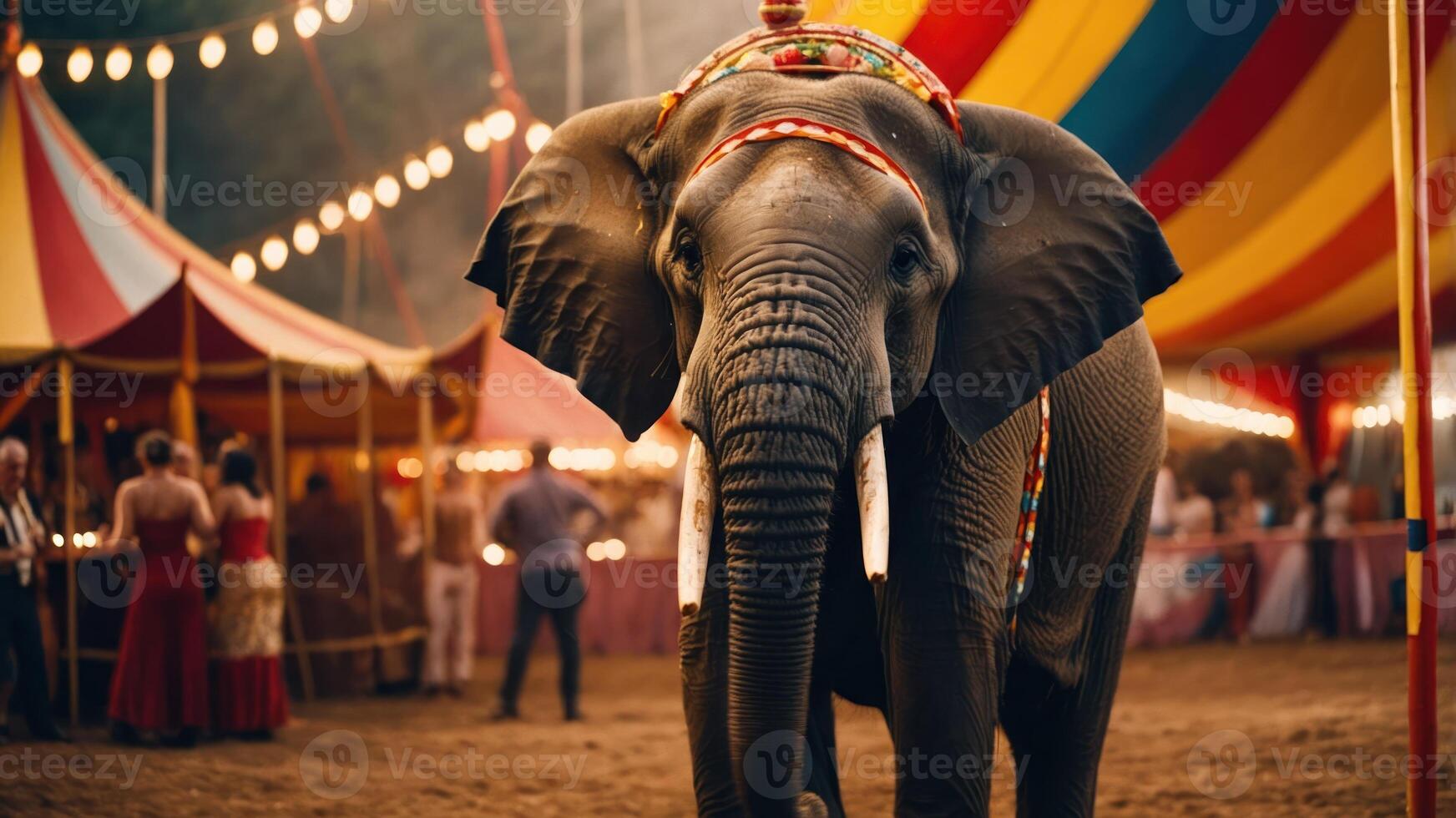 An elephant stands in a colorful circus tent, surrounded by people and festive lights. photo