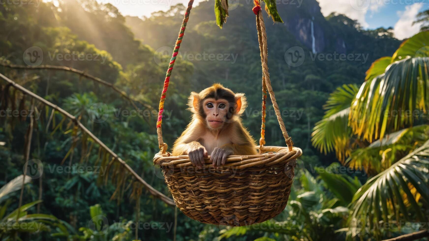 A monkey sitting in a woven basket amidst a lush jungle setting. photo