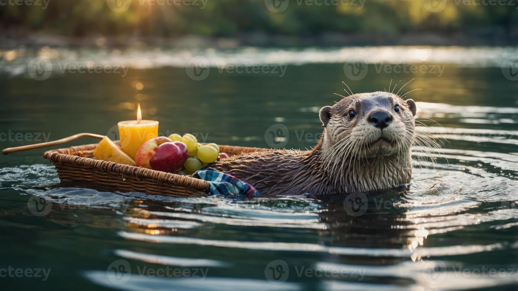 An otter floats in water, carrying a basket with fruit and a candle. photo