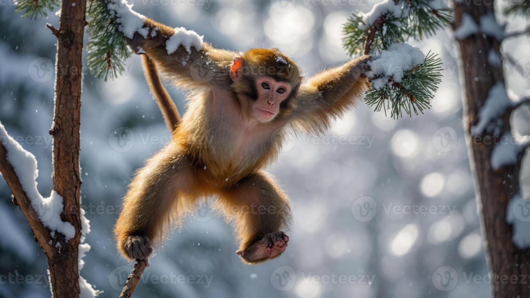 A monkey hanging from a snowy tree branch in a winter forest setting. photo