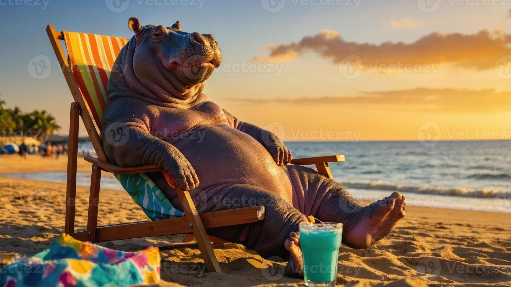 A hippo relaxing on a beach chair at sunset, enjoying a tropical drink. photo