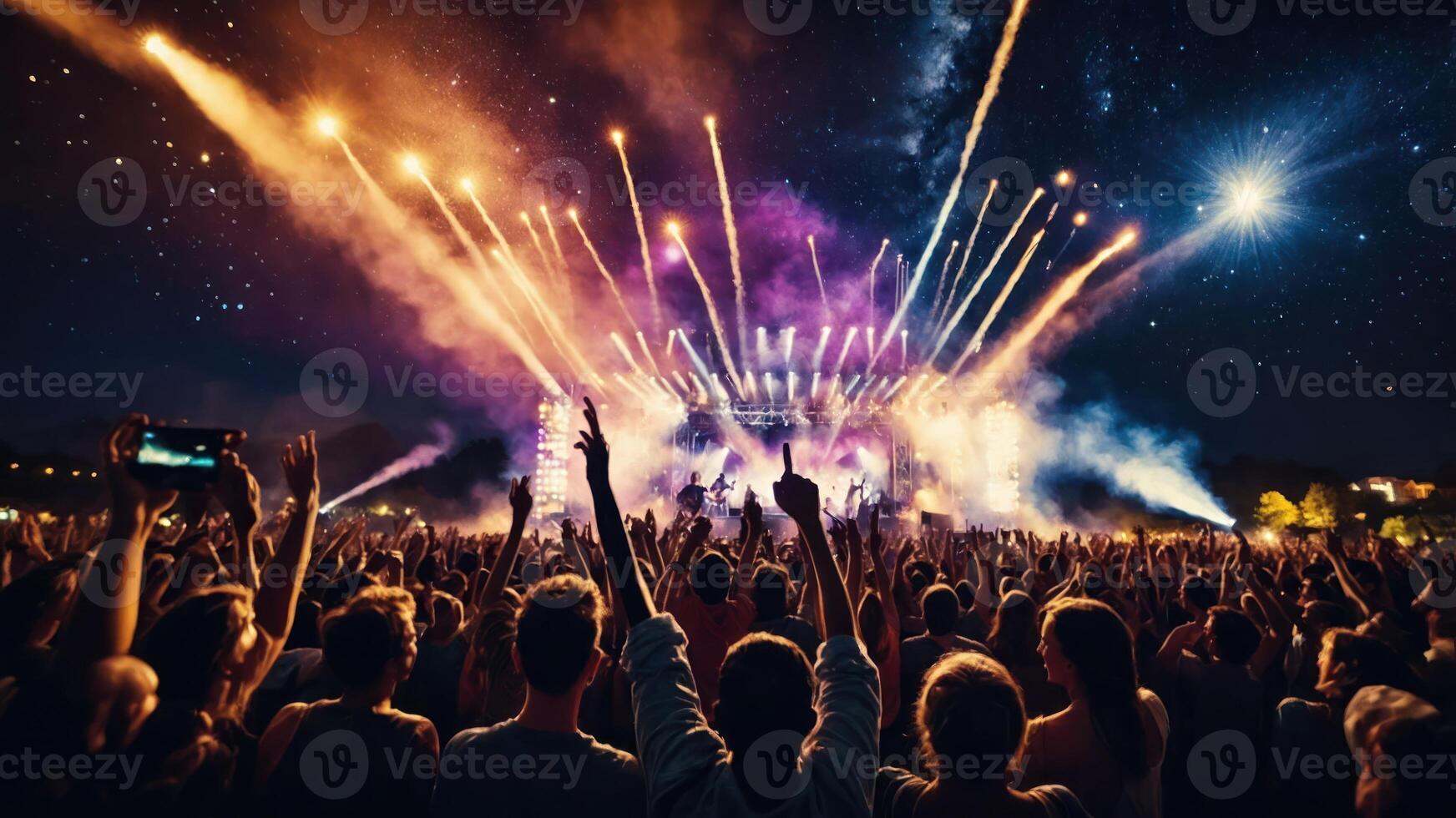 A vibrant concert scene with fireworks and an excited crowd enjoying the performance. photo