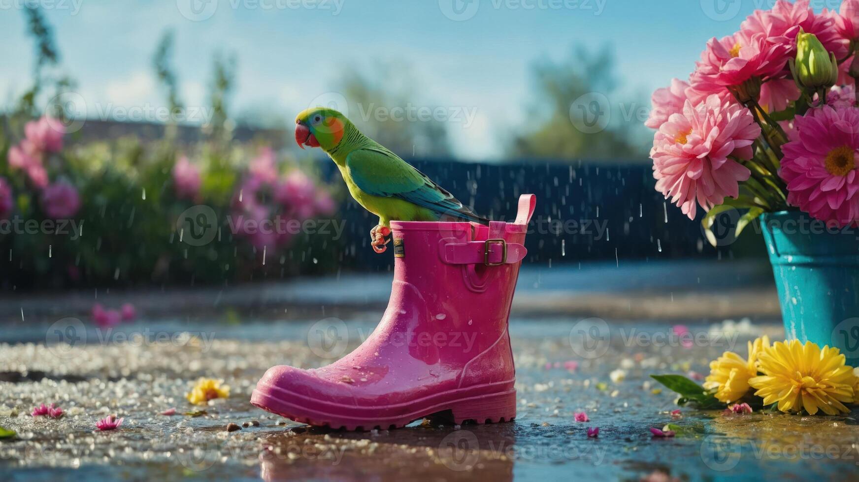 A colorful parrot perched in a pink rain boot surrounded by flowers in a rainy setting. photo
