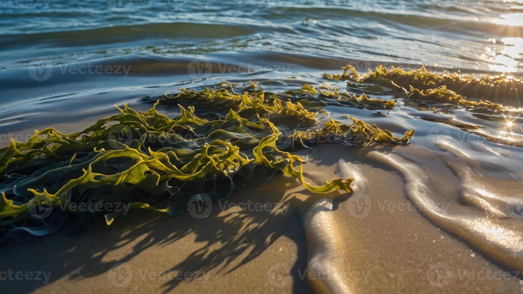 Seaweed on the shore with gentle waves and sunlight reflecting on the water. photo