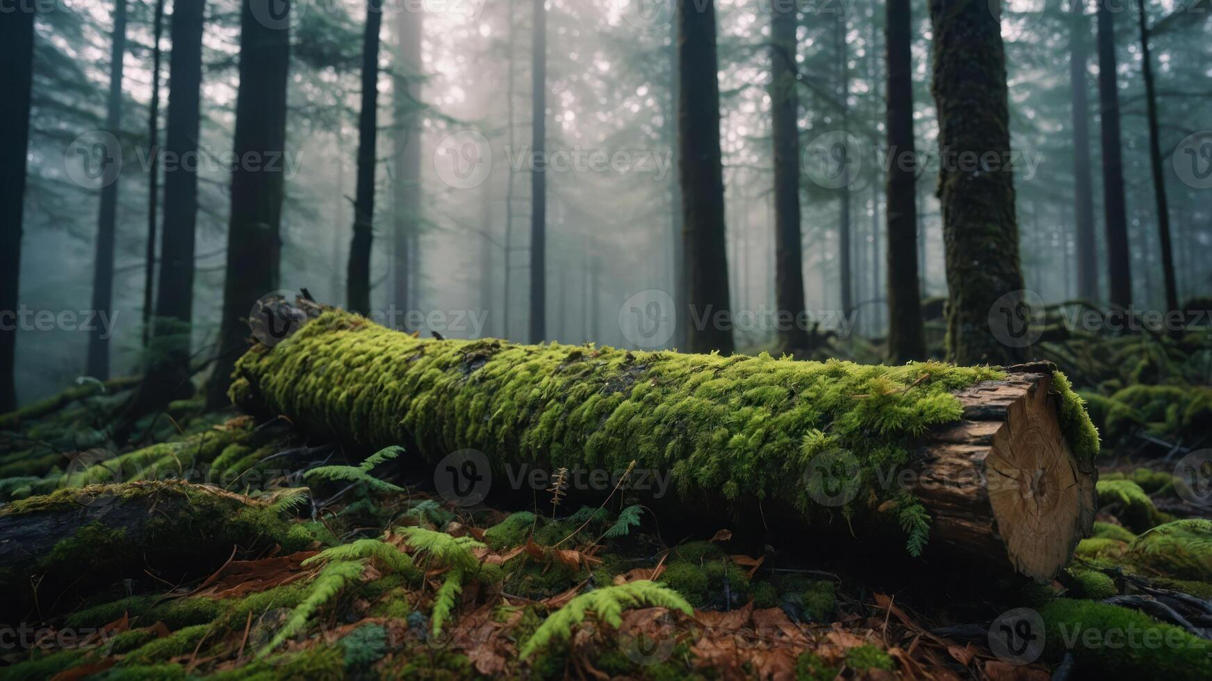 A serene forest scene with a moss-covered log surrounded by tall trees and mist. photo