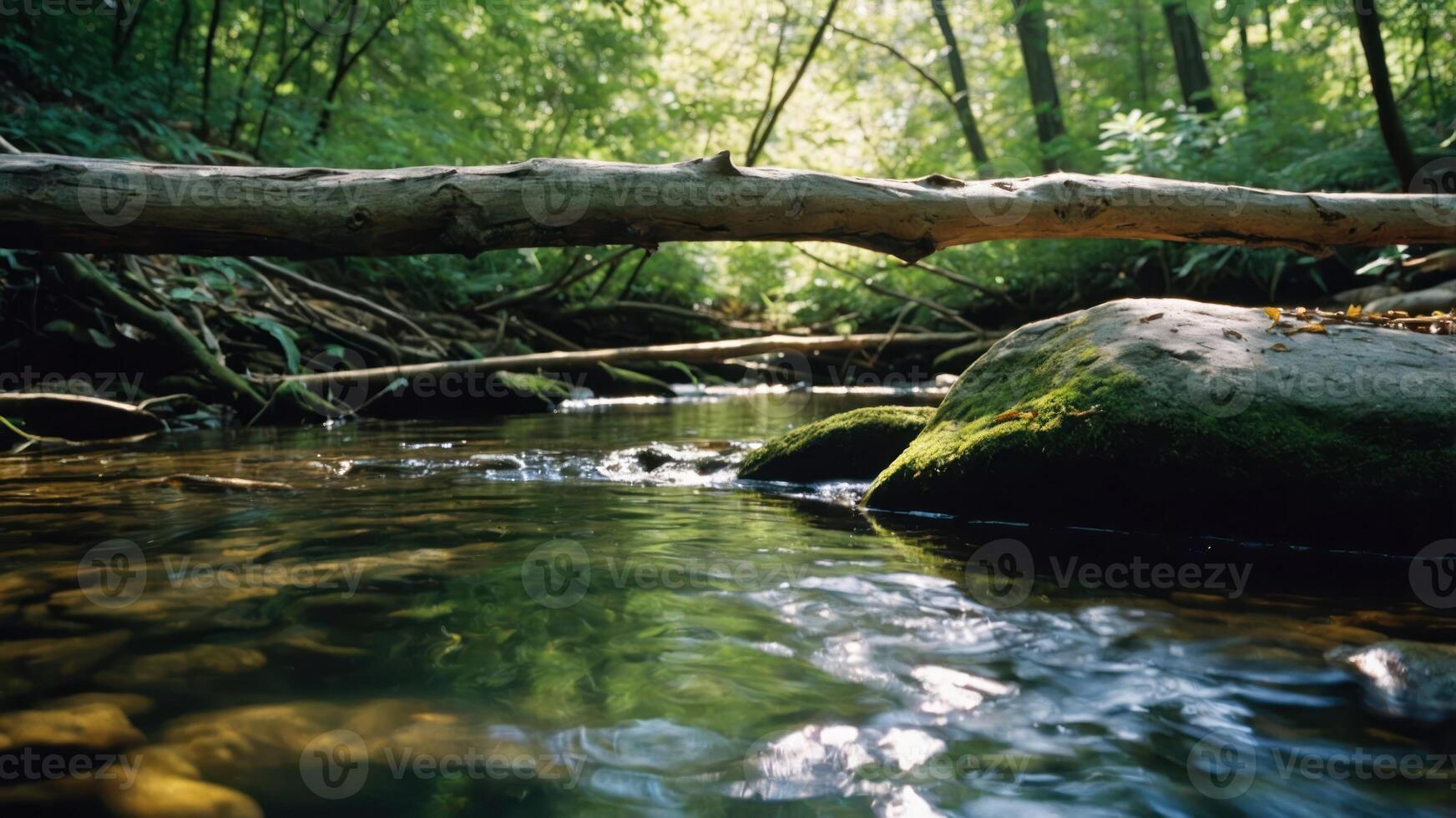 A serene forest scene featuring a stream, rocks, and a fallen tree. photo