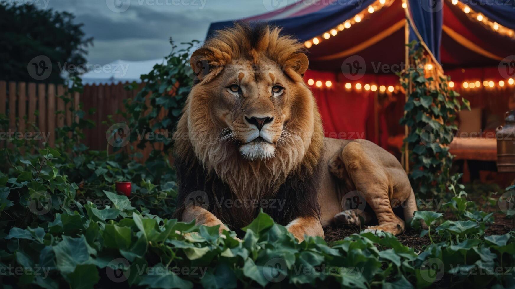 A majestic lion lounging in a garden near a colorful circus tent. photo