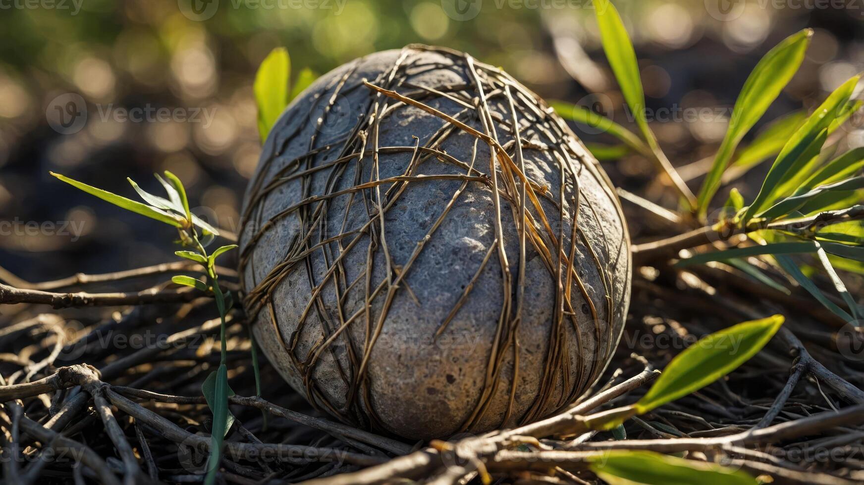 A textured stone resembling an egg, surrounded by twigs and green leaves in a natural setting. photo