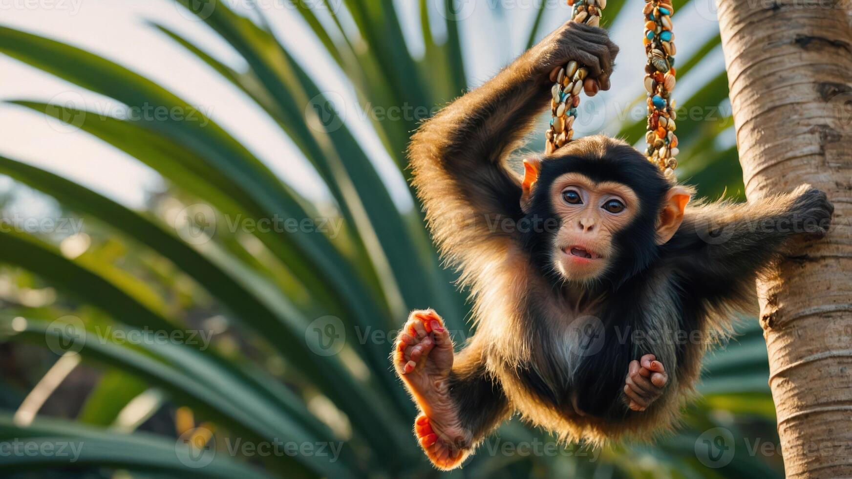 A young monkey hanging from a rope, surrounded by lush greenery. photo