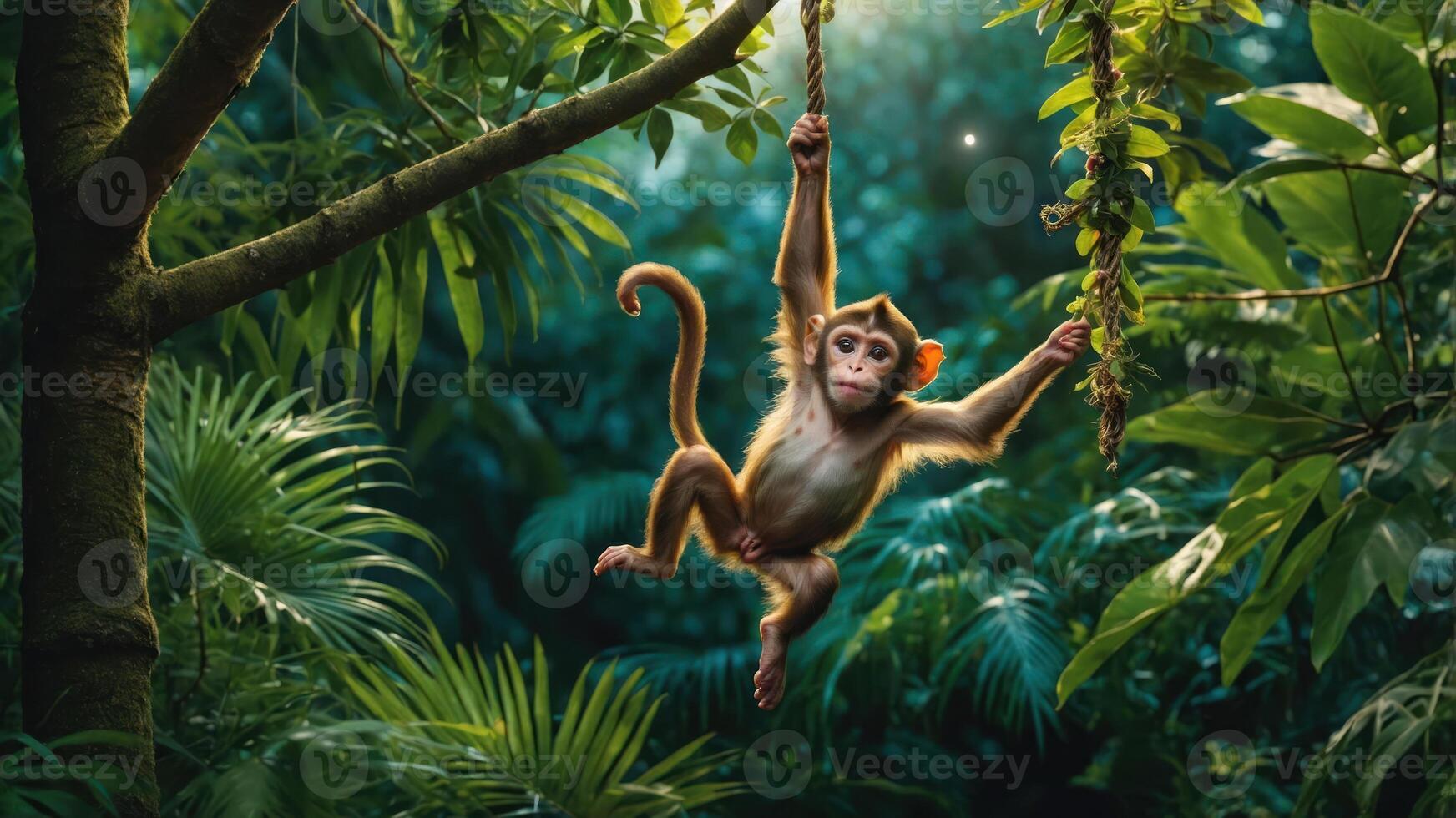 A playful monkey swinging through lush greenery in a vibrant jungle setting. photo