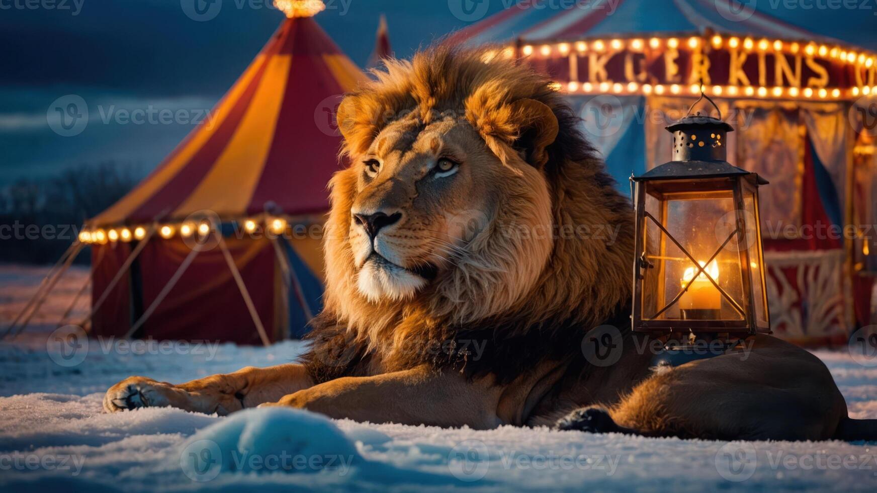 A majestic lion rests in snow near a colorful circus tent, illuminated by a lantern. photo