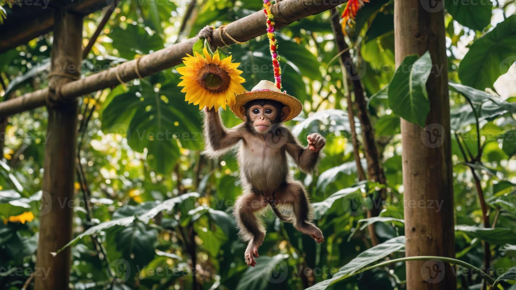 A playful monkey hanging from a bamboo structure, holding a sunflower in a lush environment. photo