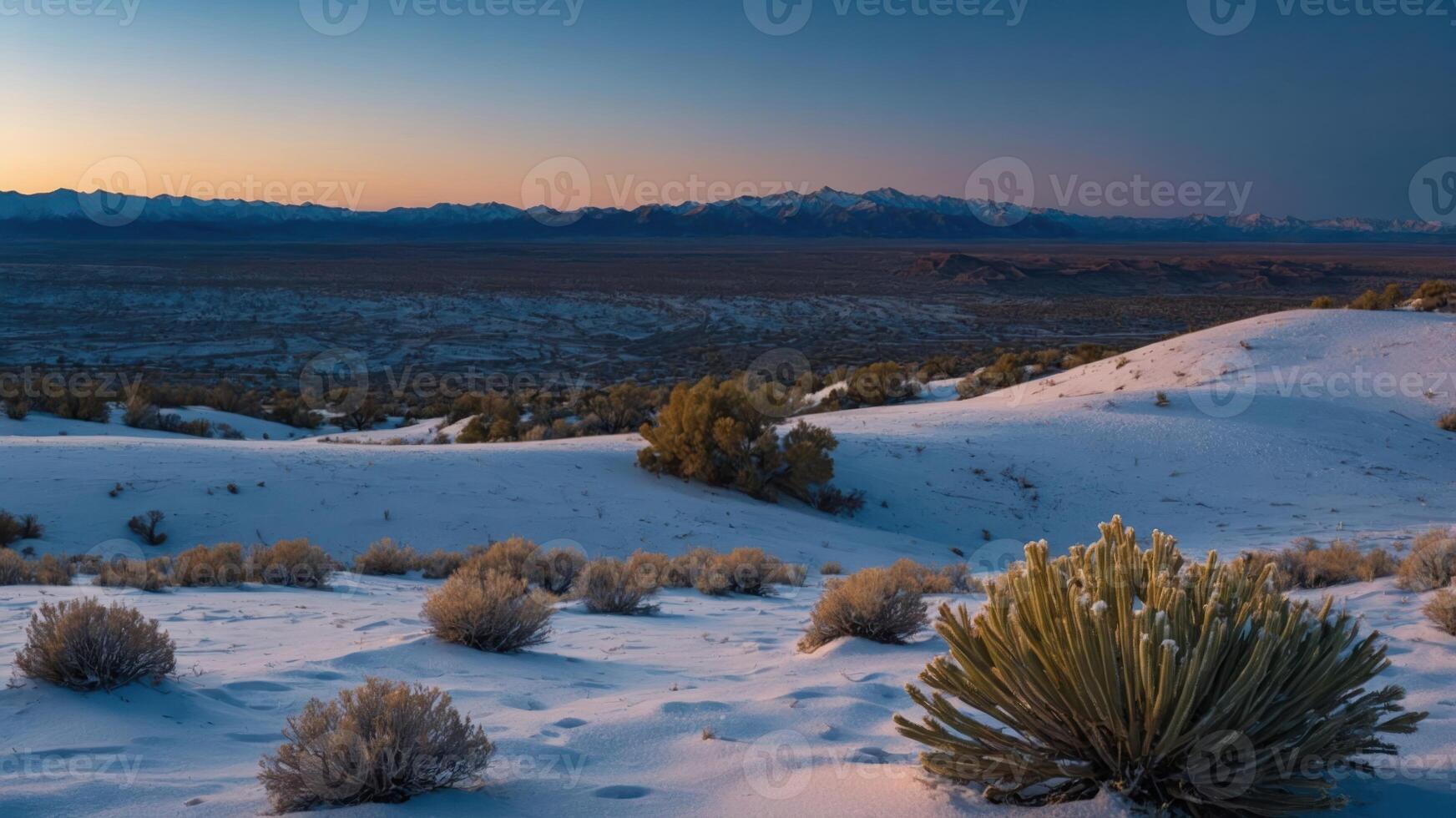 A serene desert landscape at dusk, showcasing snow-covered dunes and distant mountains. photo