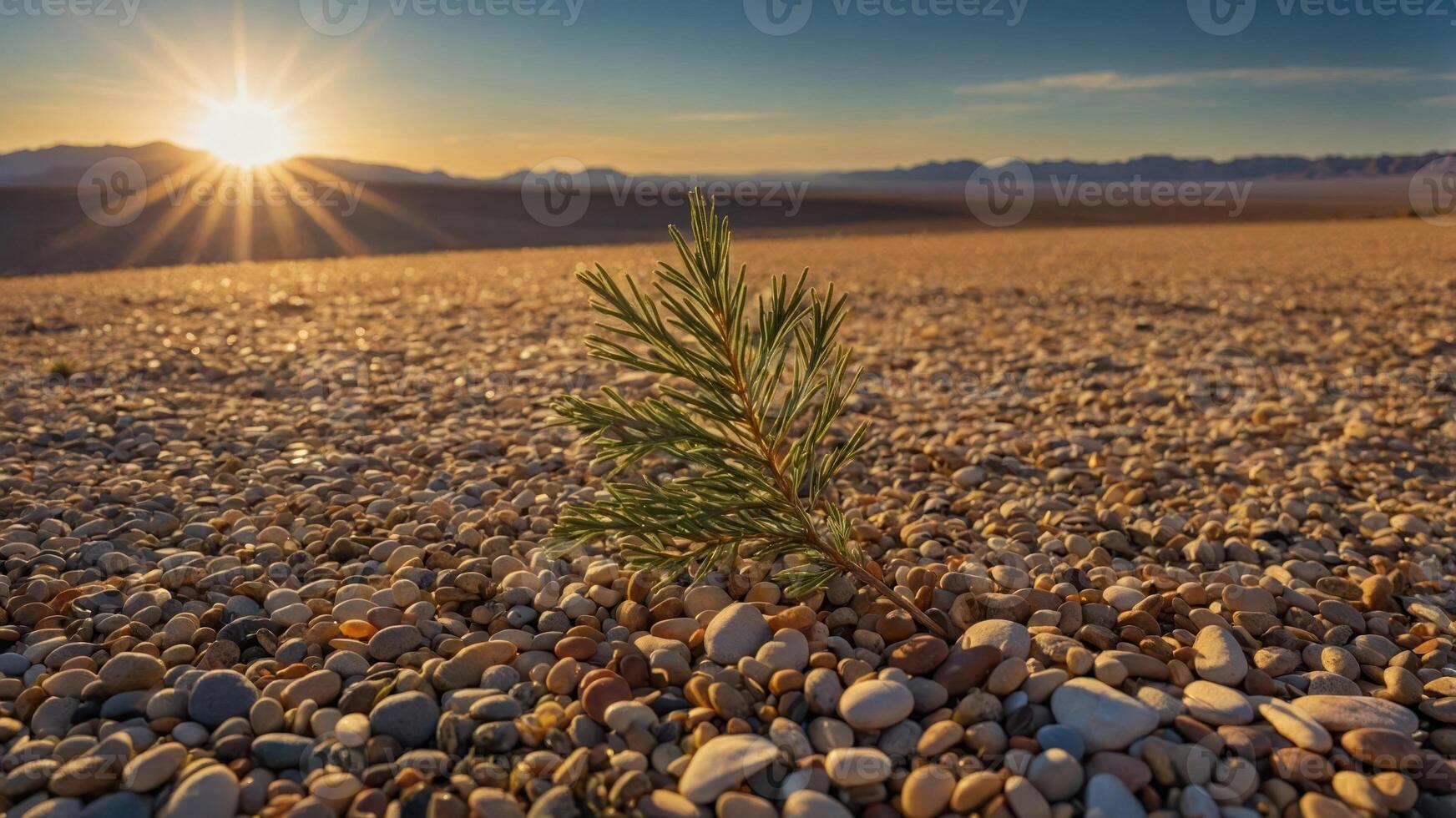 A resilient green sprout emerges from a rocky desert landscape at sunrise. photo