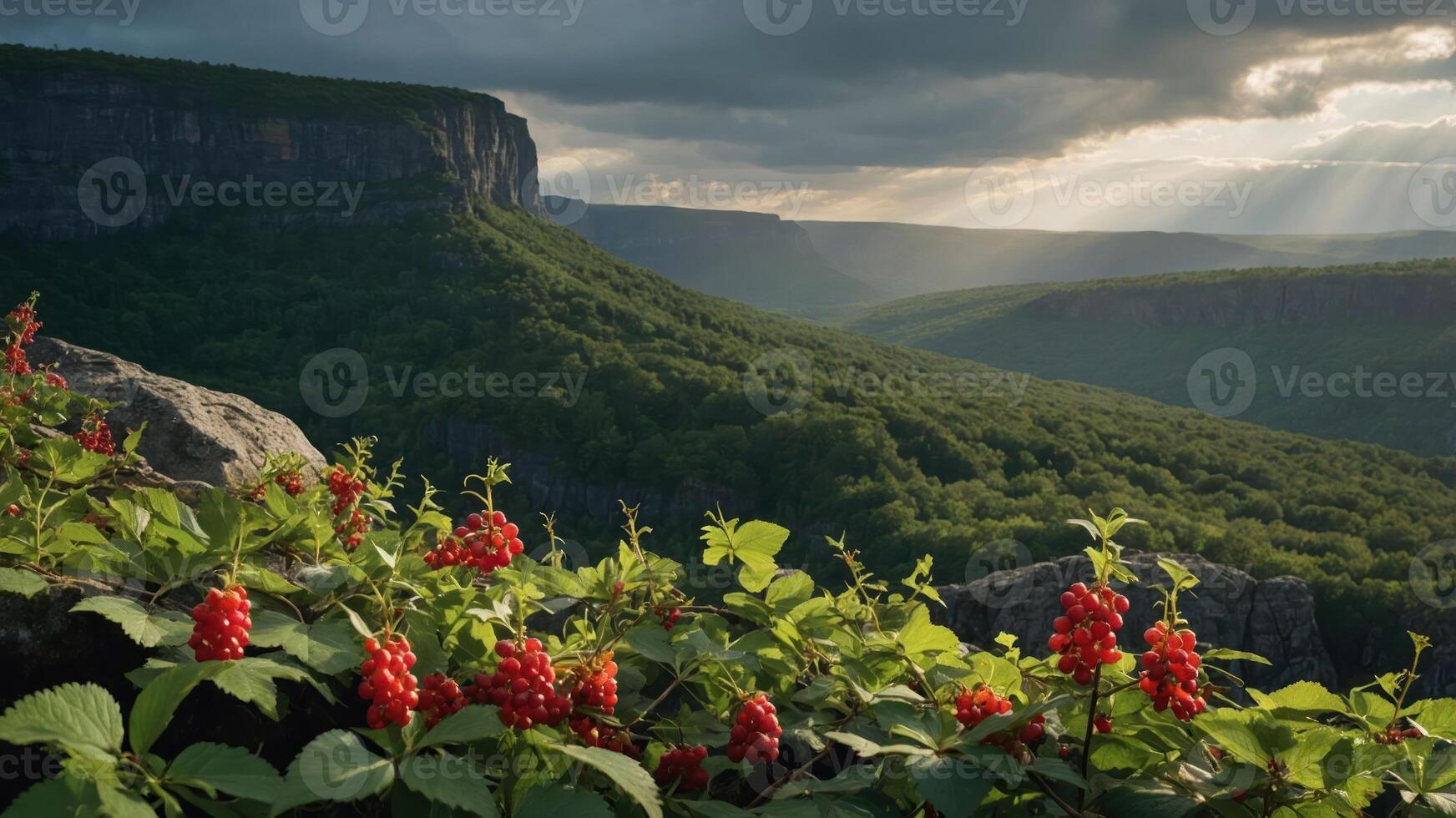 A scenic landscape featuring lush greenery and vibrant red berries under dramatic lighting. photo