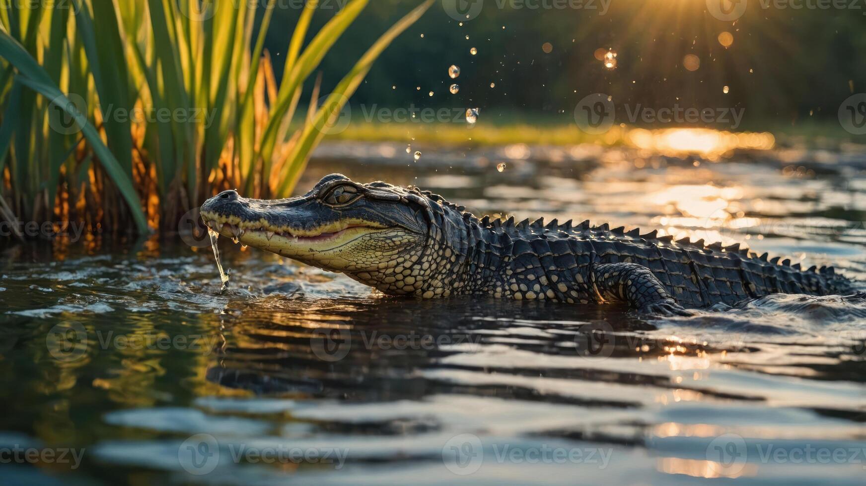 A close-up of an alligator swimming in a serene wetland at sunset. photo