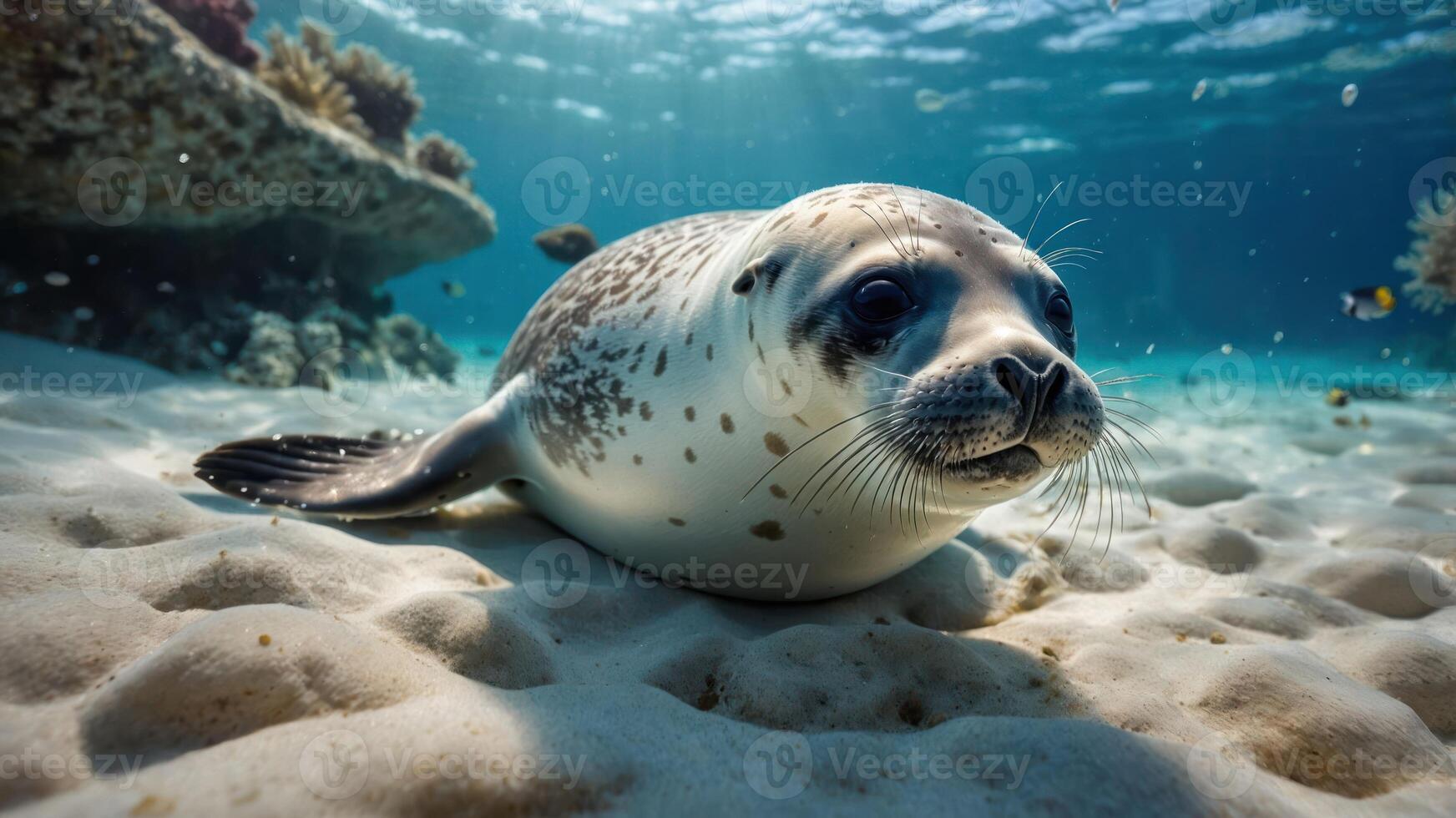 A seal swimming underwater, showcasing its playful nature in a vibrant marine environment. photo