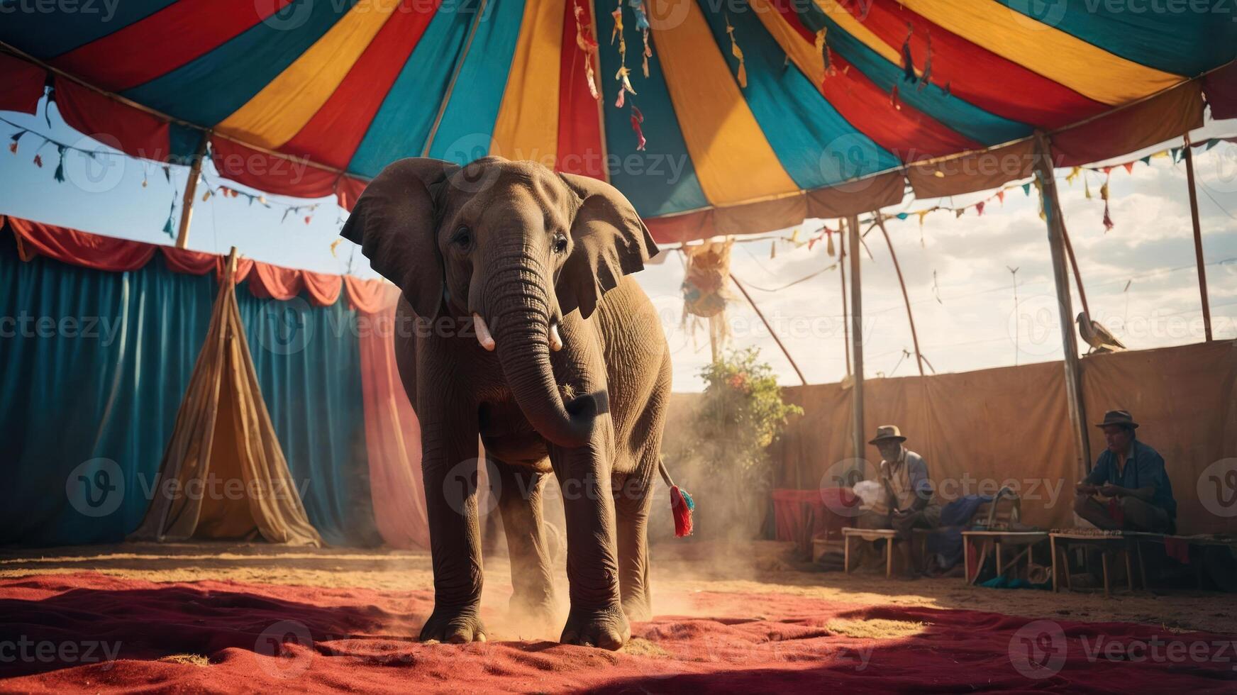 An elephant stands in a circus tent, surrounded by colorful drapes and performers. photo