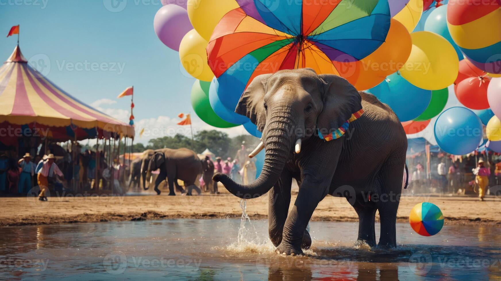An elephant plays in water surrounded by colorful balloons at a festive event. photo