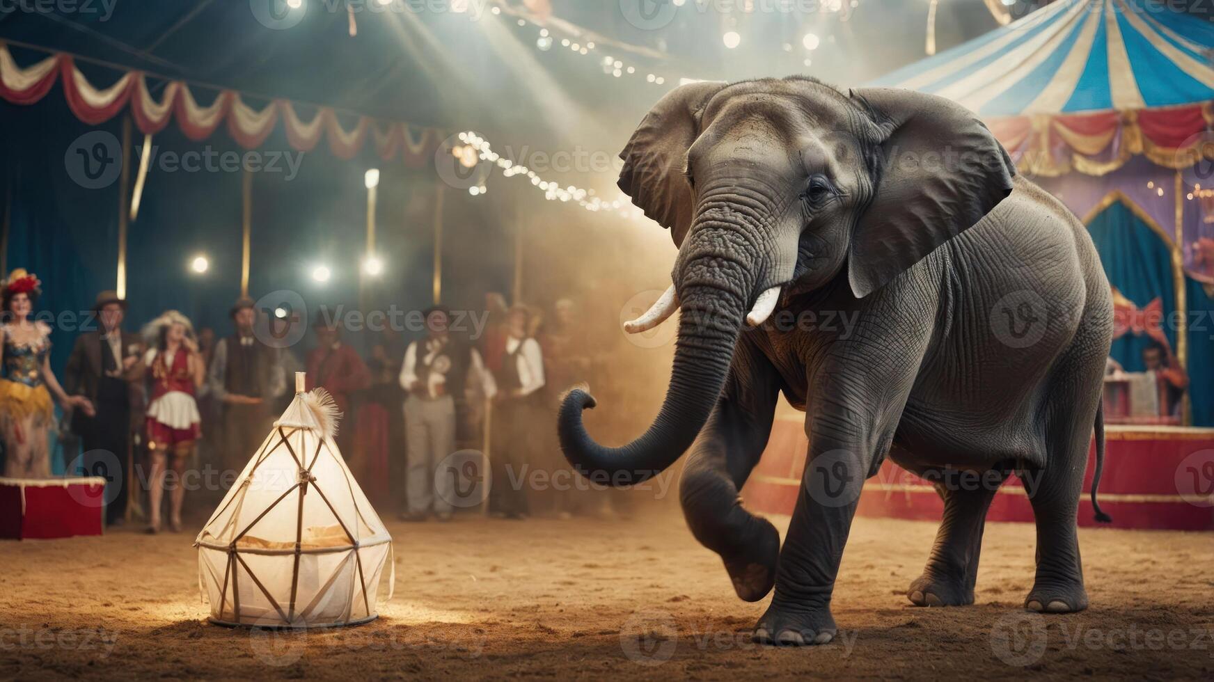 An elephant performing in a circus setting, surrounded by an audience and colorful tents. photo