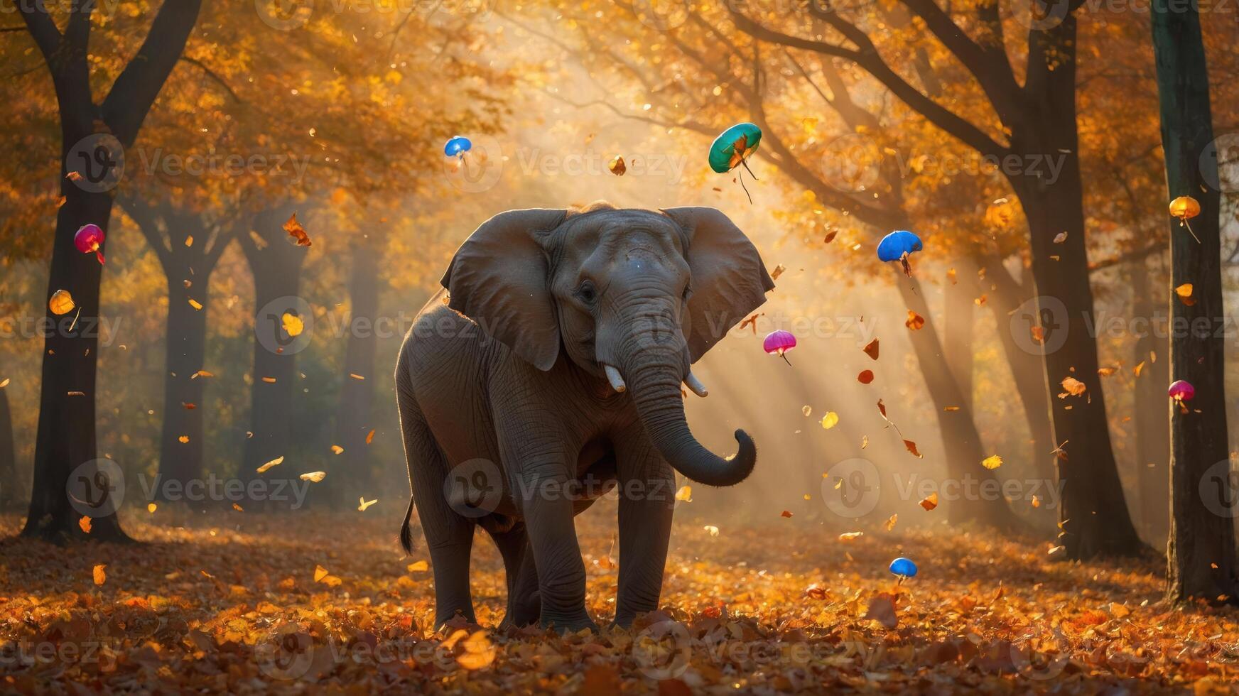 An elephant in a serene autumn forest, surrounded by colorful falling leaves and playful objects. photo