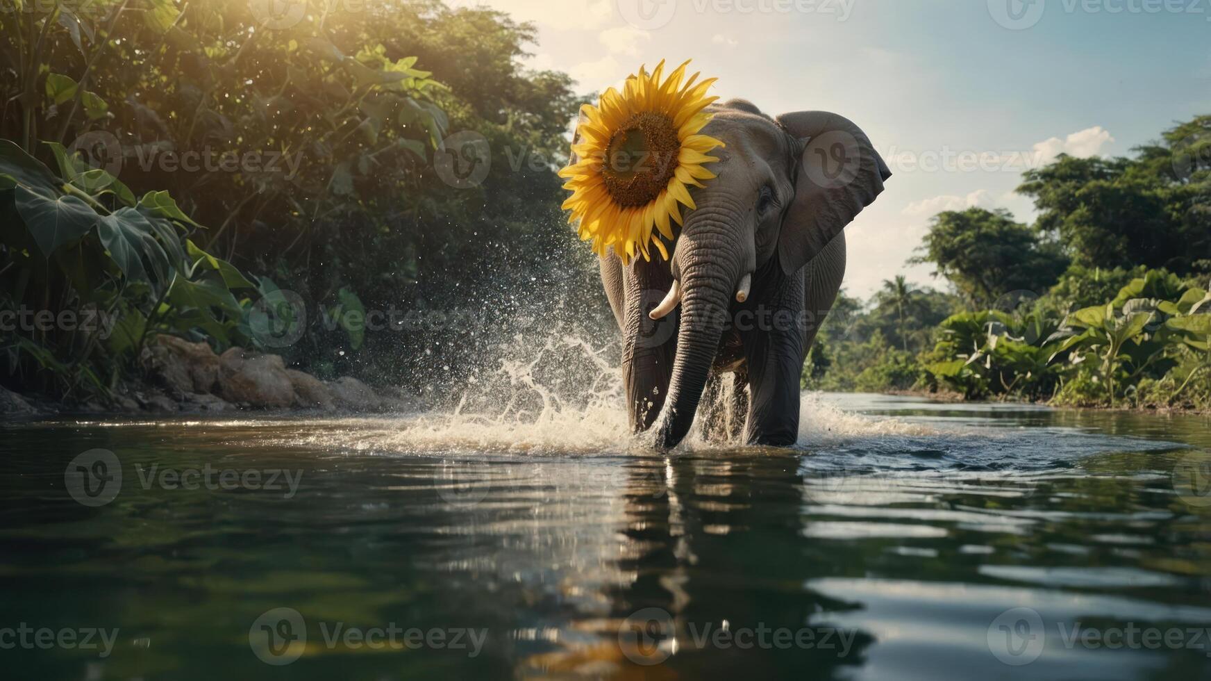 An elephant wades through water, adorned with a sunflower on its head, in a lush environment. photo