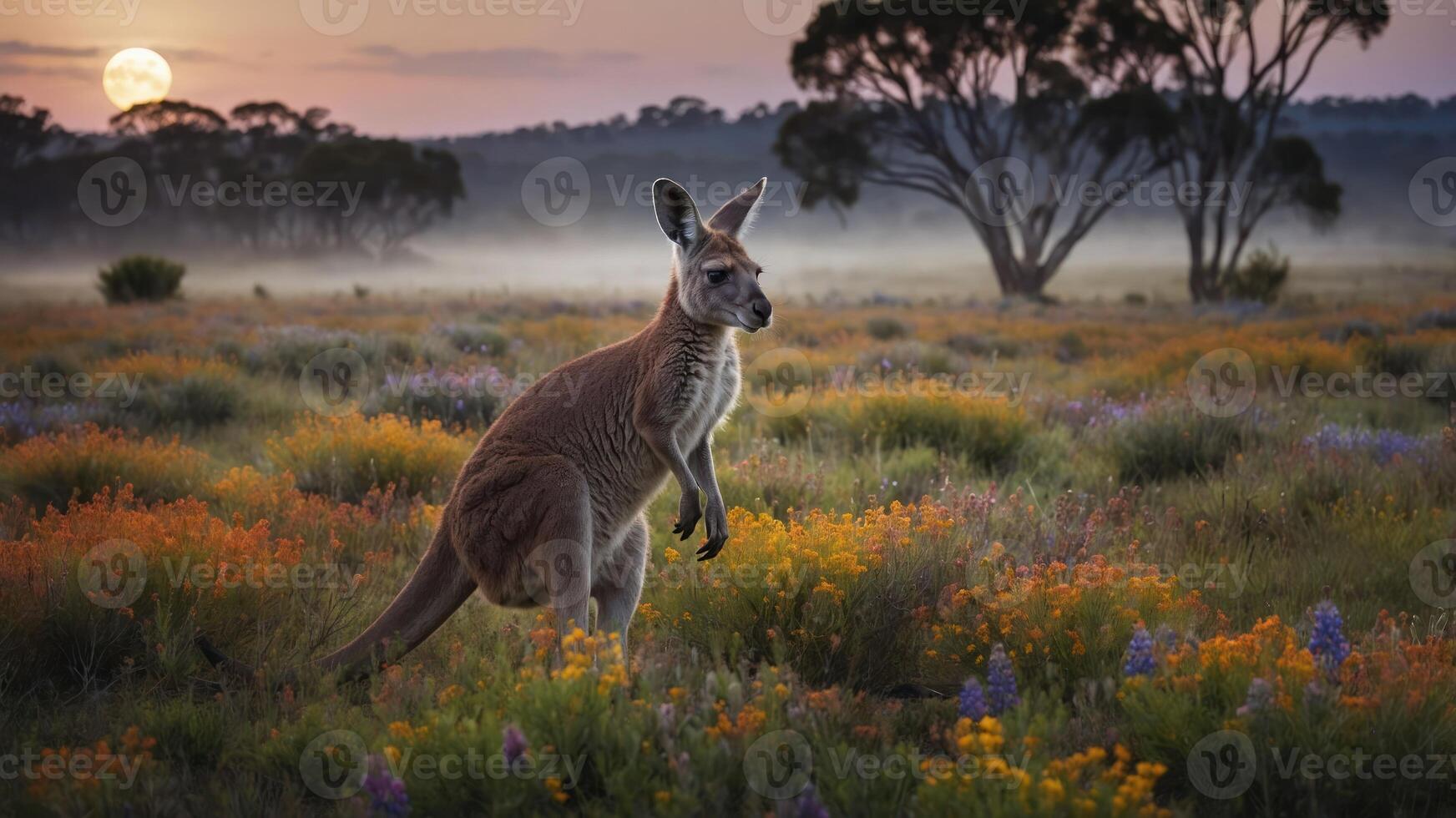 A kangaroo stands amidst colorful wildflowers at sunrise in a serene landscape. photo