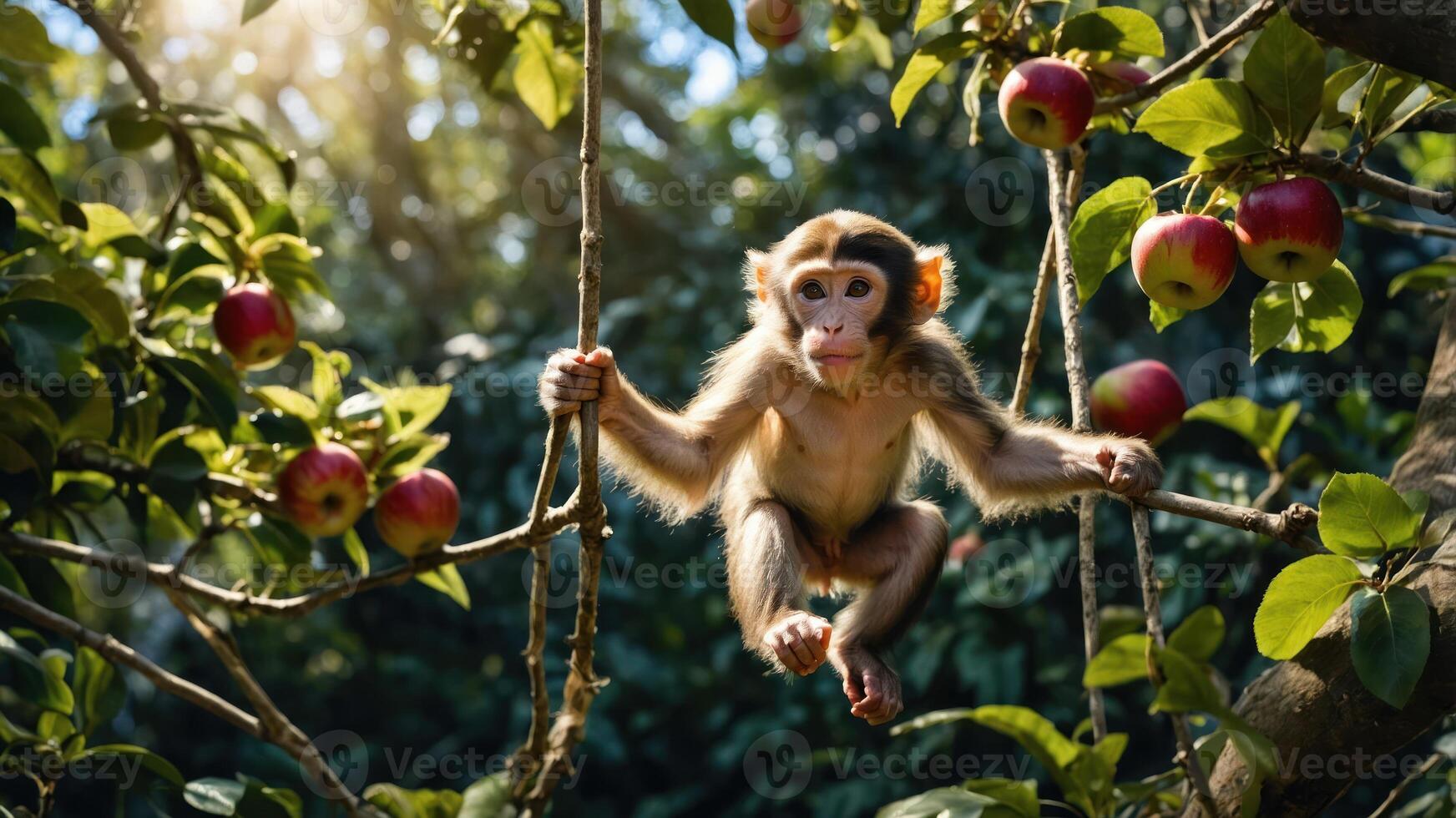 A playful monkey hanging on branches with apples in a lush, sunlit environment. photo