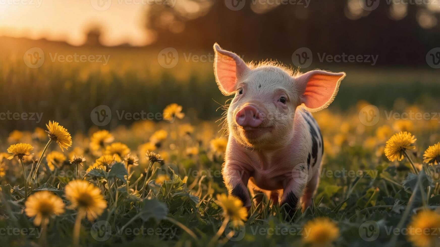A playful piglet frolics in a field of dandelions during sunset. photo
