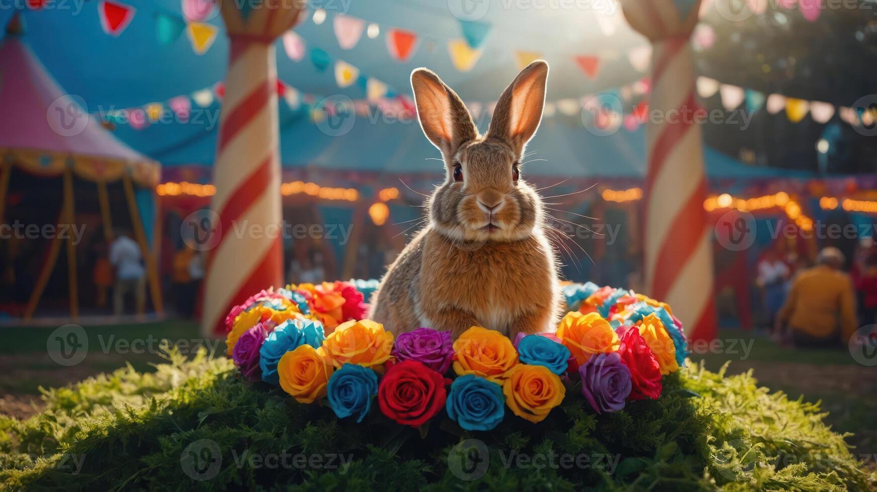 A rabbit sits proudly in a flower arrangement at a colorful circus setting. photo