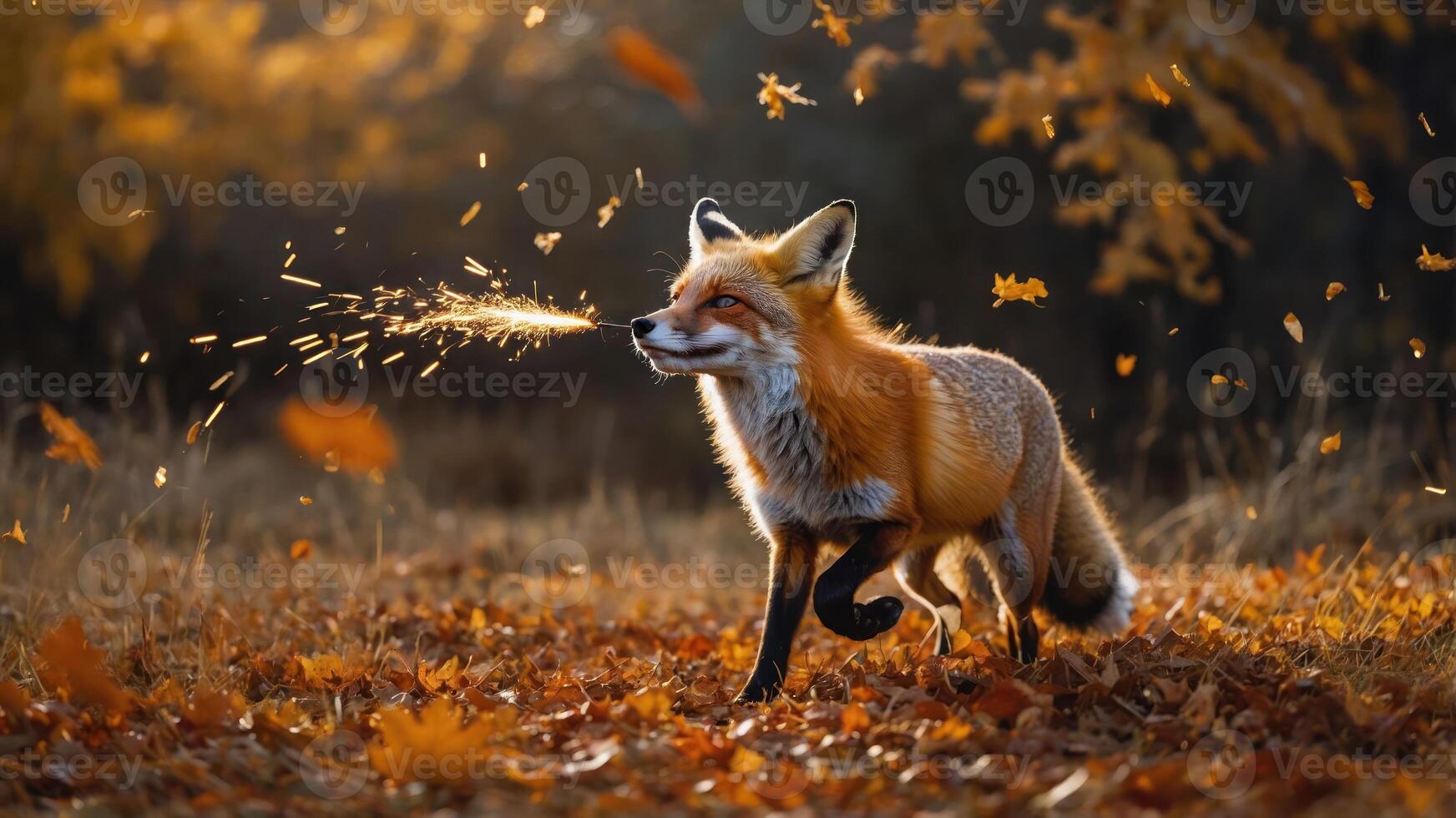 A vibrant fox playfully running through autumn leaves, with sunlight filtering through trees. photo