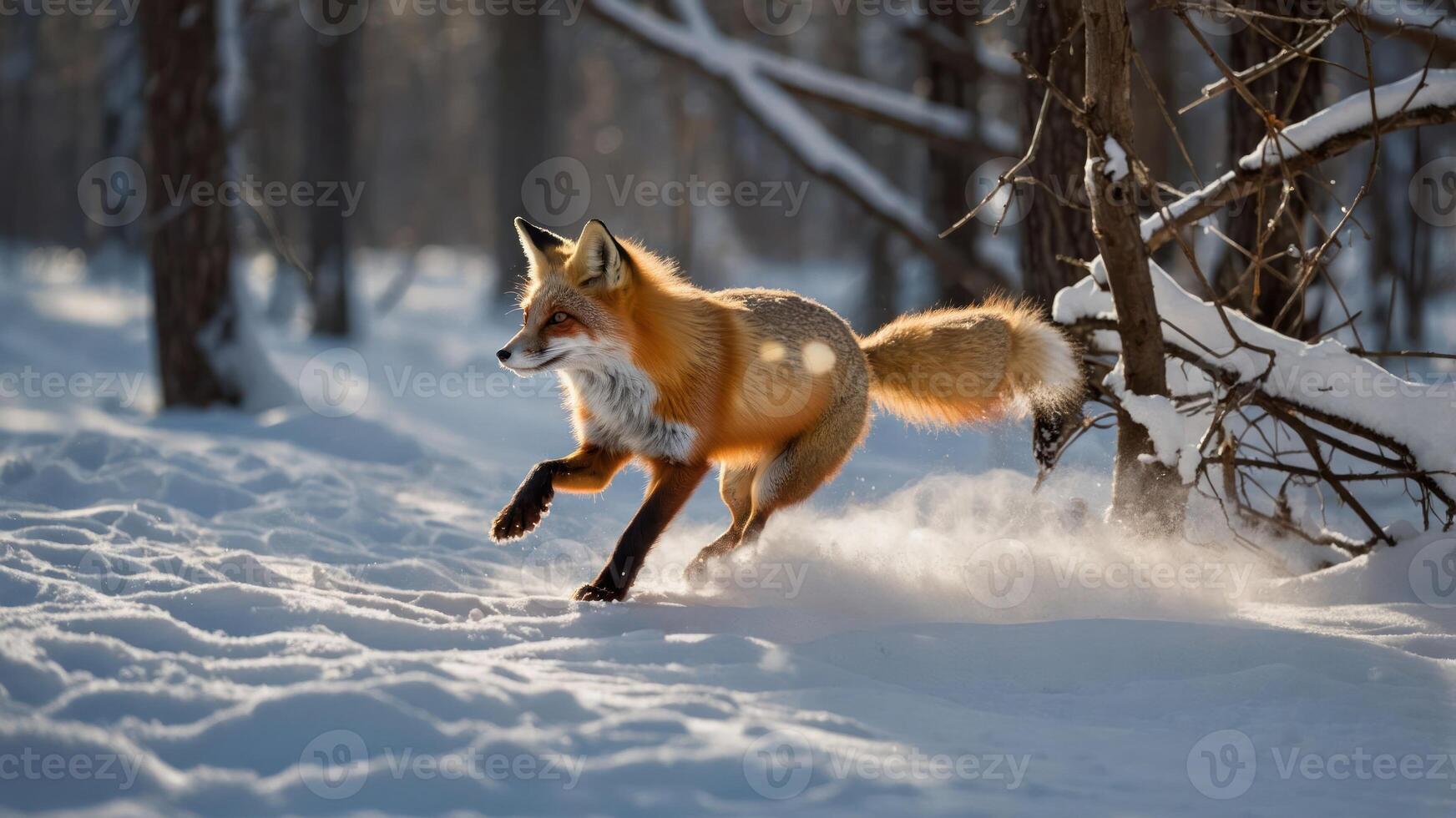 A fox running through snowy woods, capturing the essence of winter wildlife. photo