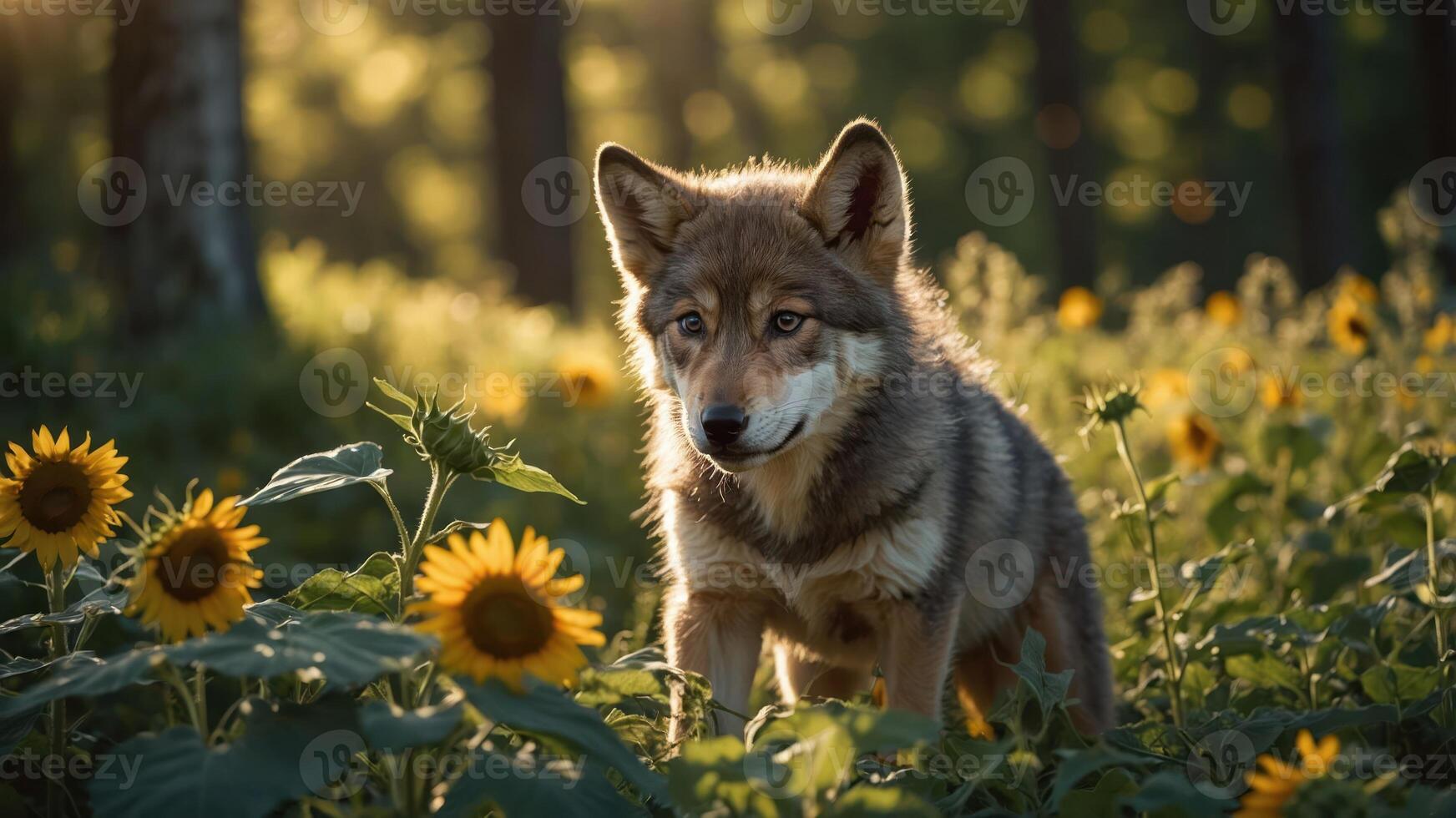 A wolf stands among sunflowers in a sunlit field, showcasing nature's beauty. photo