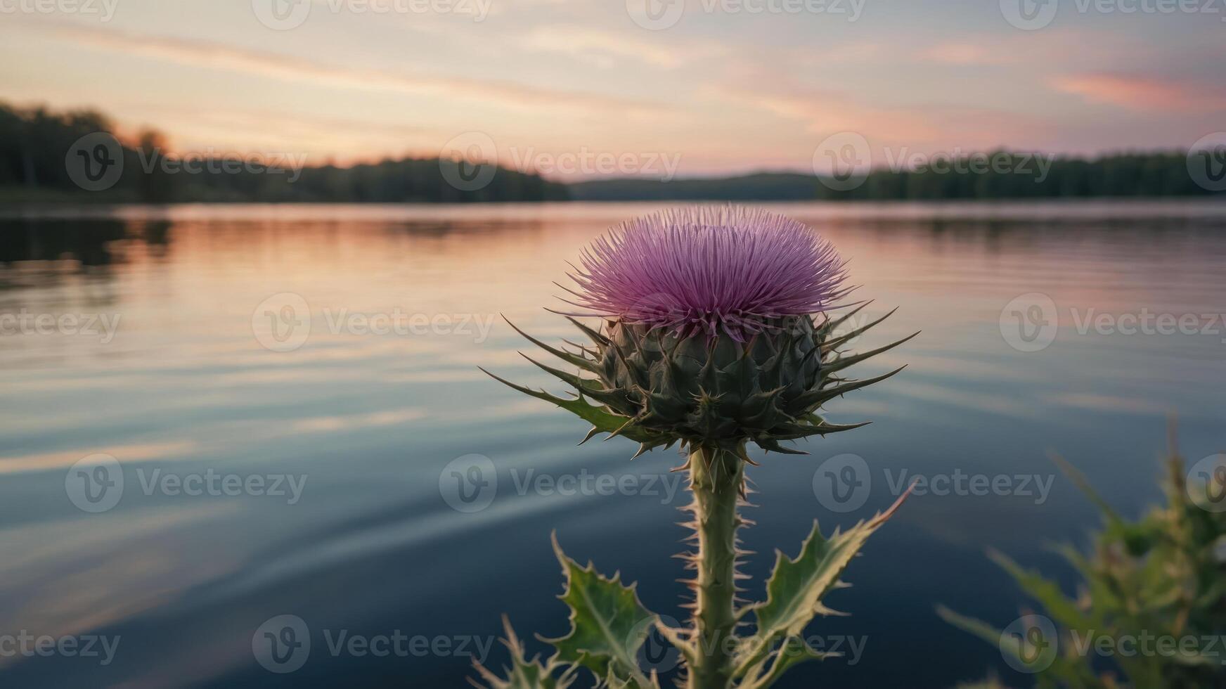 A thistle flower blooms near a tranquil lake at sunset, reflecting serene nature. photo