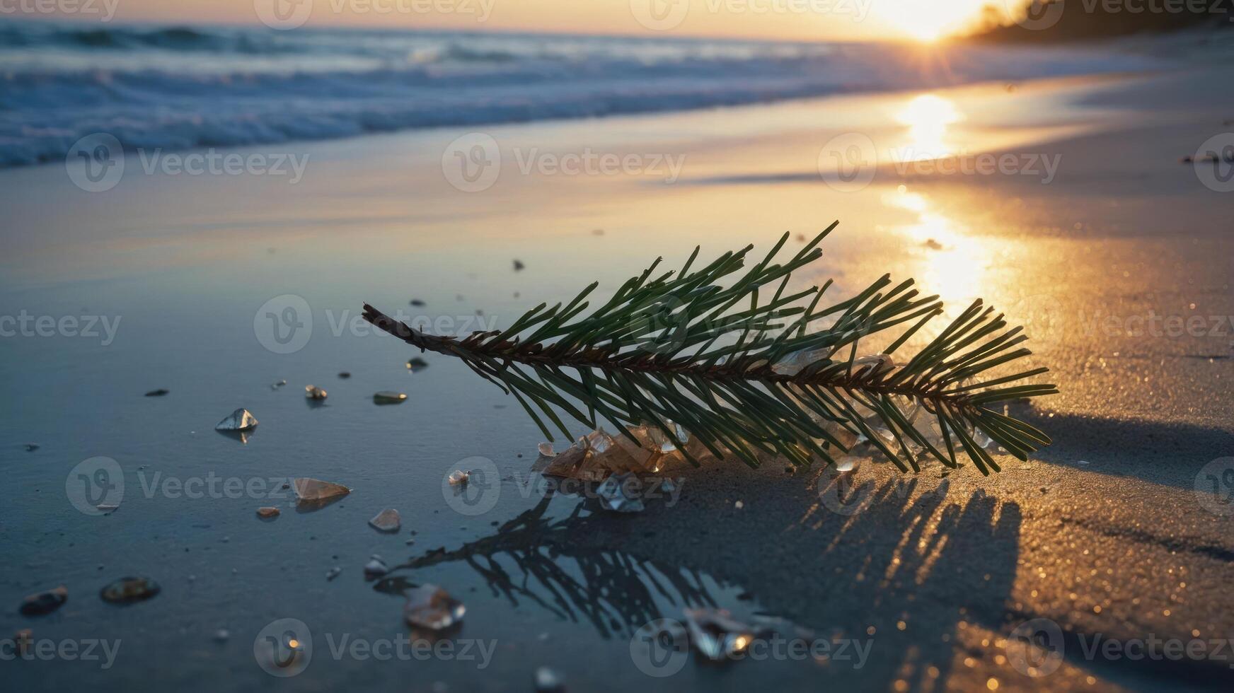 A pine branch rests on wet sand as the sun sets over the ocean, creating a serene atmosphere. photo