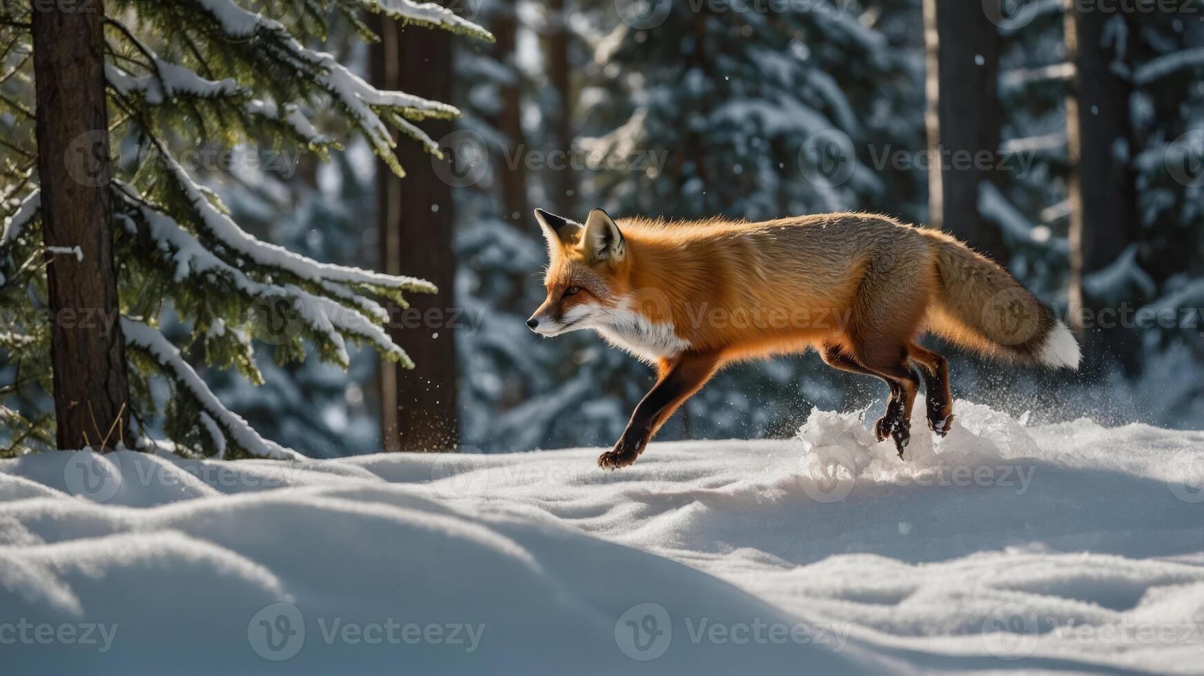 A red fox gracefully runs through a snowy forest, showcasing its agility and beauty in winter. photo