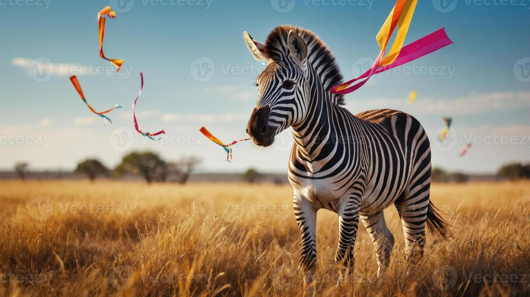 A zebra in a field adorned with colorful ribbons, capturing a whimsical moment in nature. photo