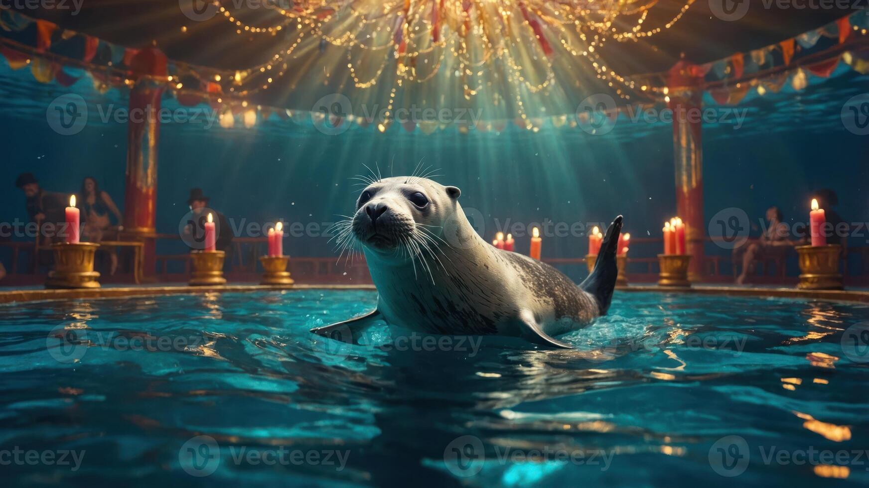 A seal swims in a vibrant, candlelit pool, surrounded by a circus-like atmosphere. photo