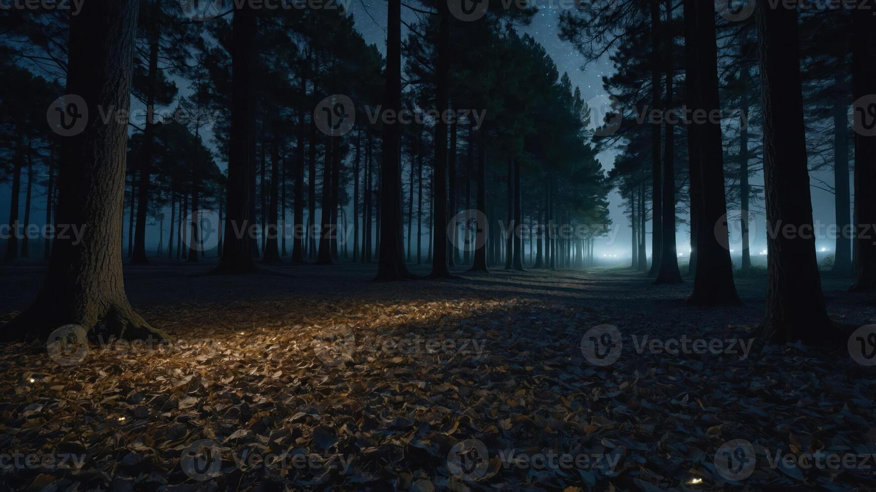 A tranquil forest scene at night, illuminated by a soft light on the ground. photo