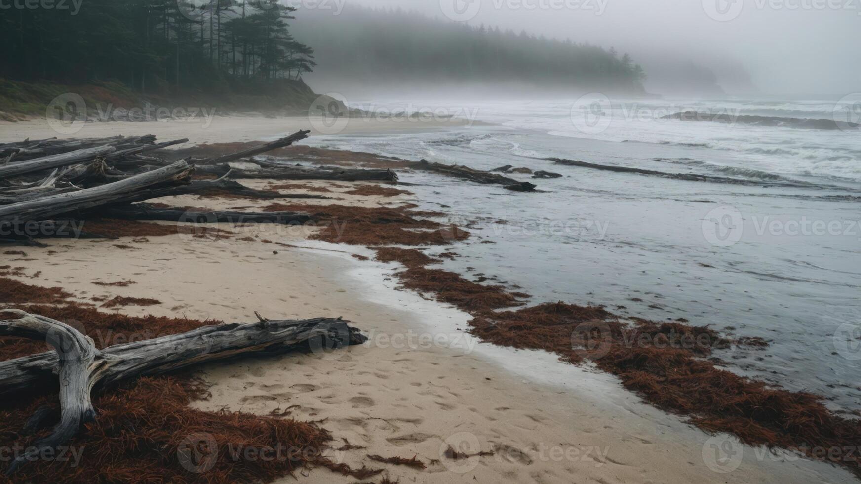 Misty beach landscape with driftwood and seaweed along the shore. photo