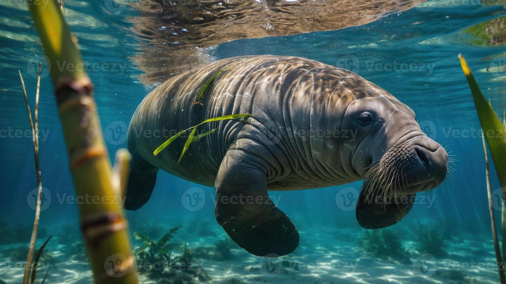 A serene underwater scene featuring a manatee gliding through clear waters among aquatic plants. photo