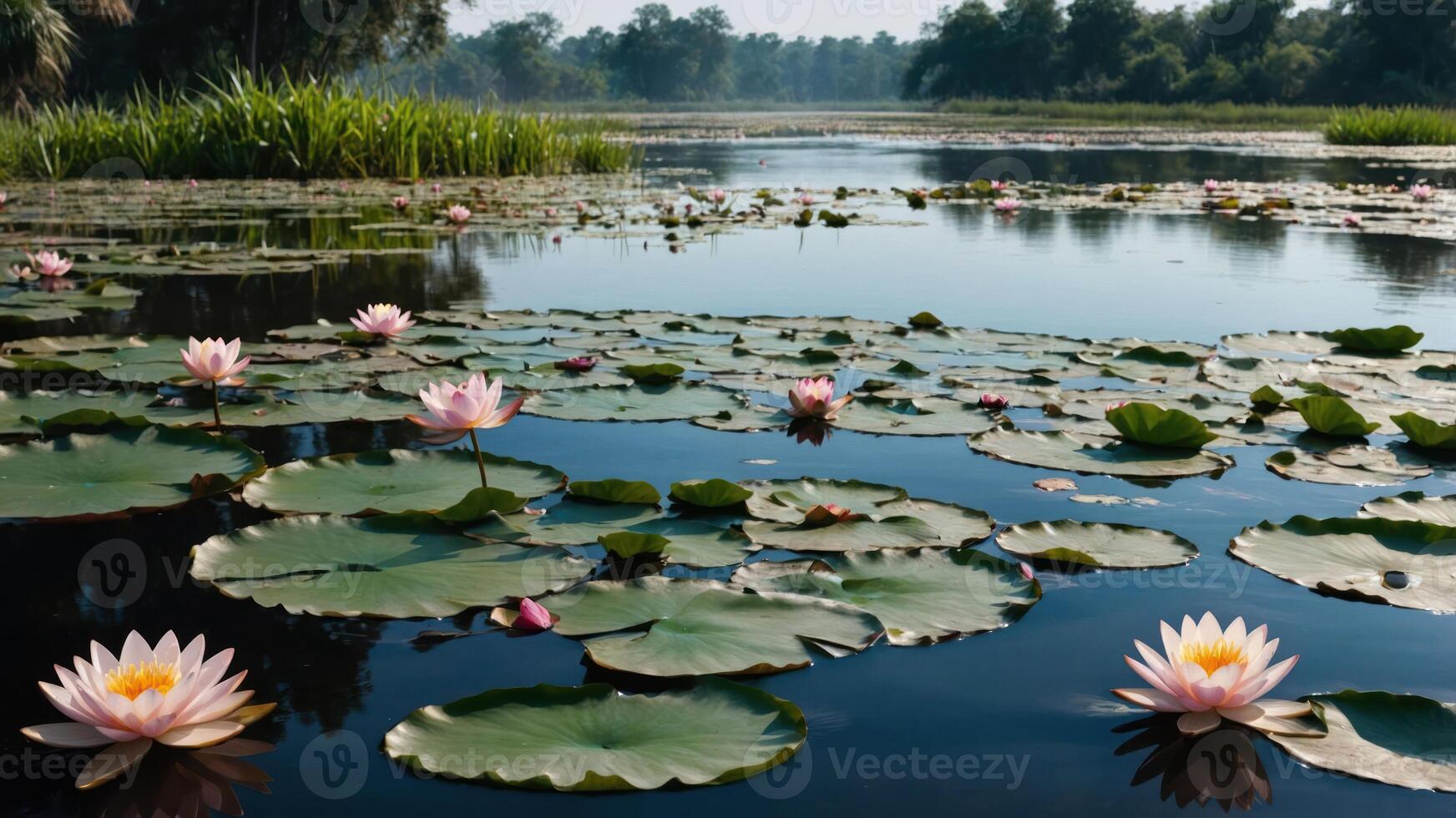 Serene water lily scene with vibrant blooms on a tranquil pond. photo