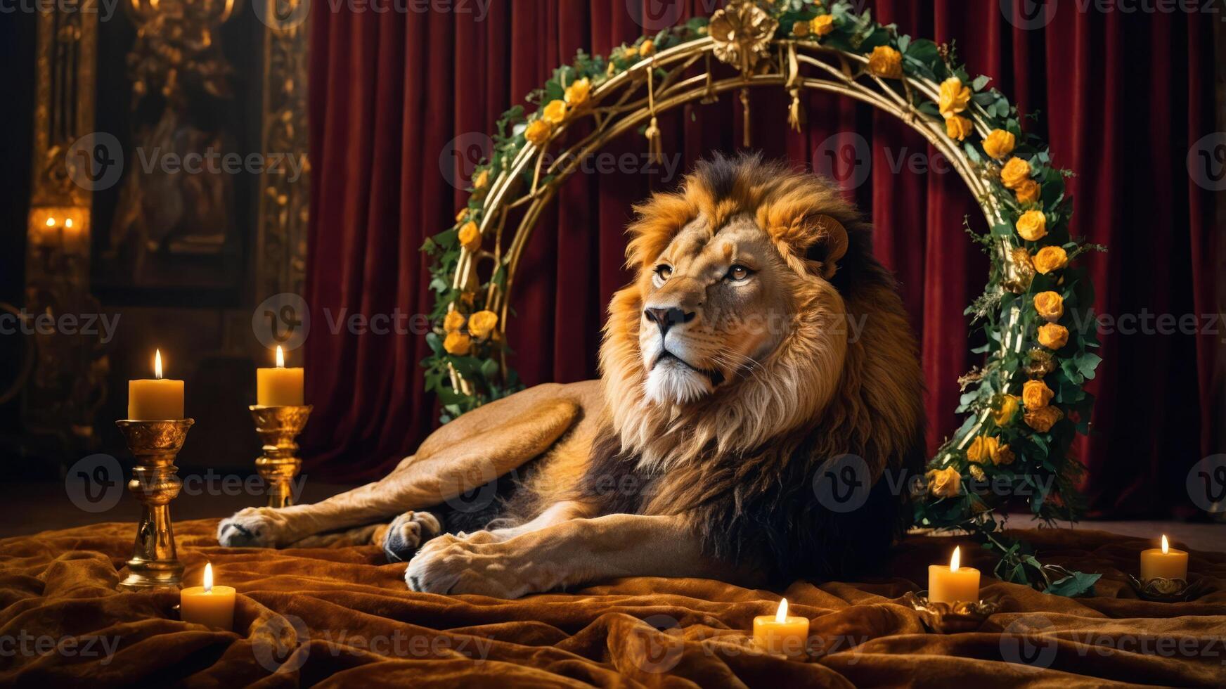 A majestic lion reclines on a plush surface surrounded by candles and floral decor. photo
