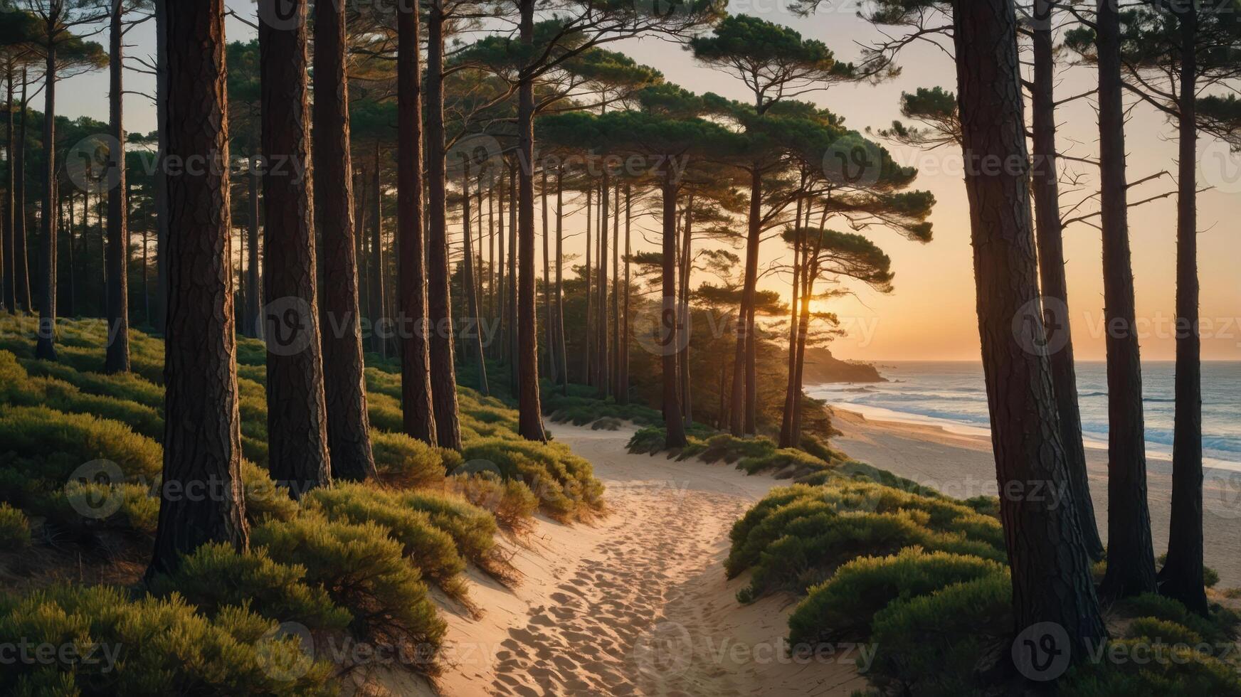 A serene beach pathway lined with tall trees and lush greenery at sunset. photo