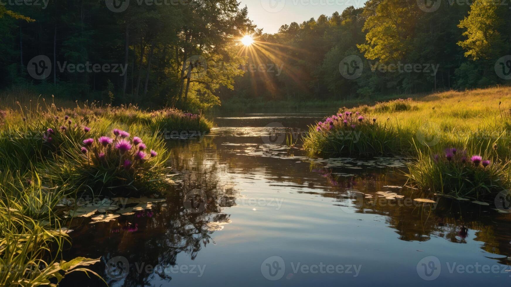 A serene river scene at sunrise, surrounded by lush greenery and blooming flowers. photo