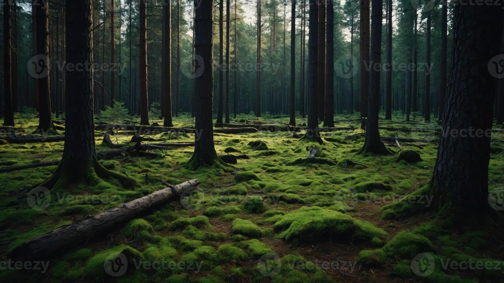 A serene forest scene with tall trees and moss-covered ground, evoking tranquility. photo