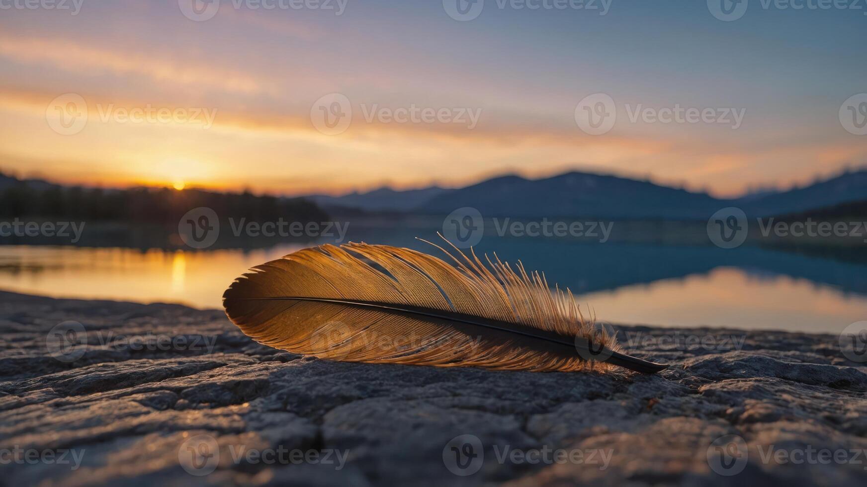 A feather rests on a rocky surface with a serene sunset and mountains reflected in the water. photo